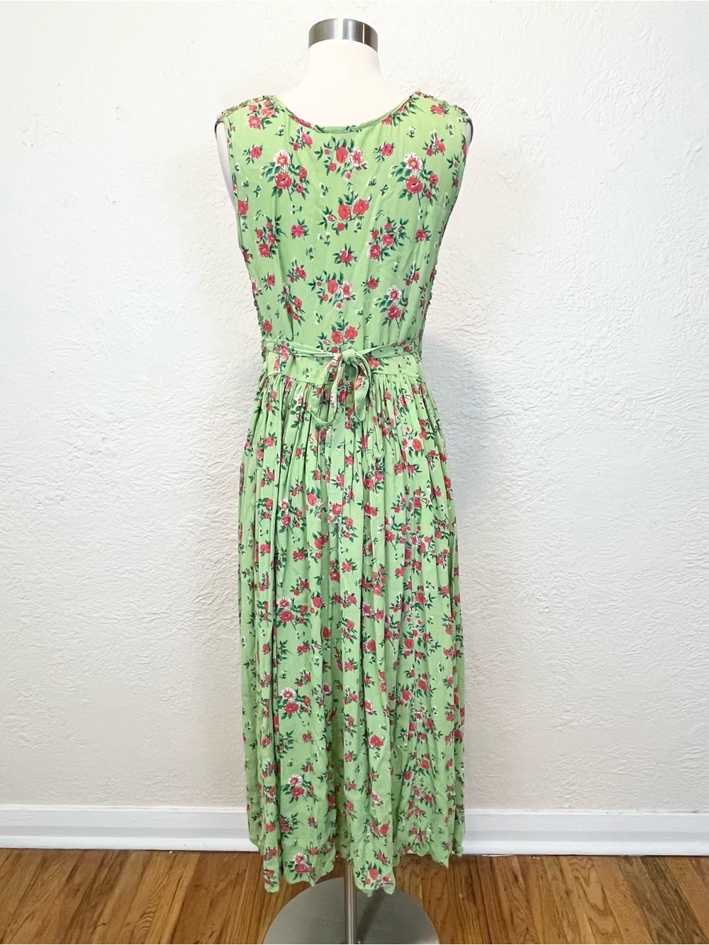 Vintage 90s Y2K Dress Green Pink Floral Beaded Smocked Cottagecore Boho Retro M - Picture 6 of 13